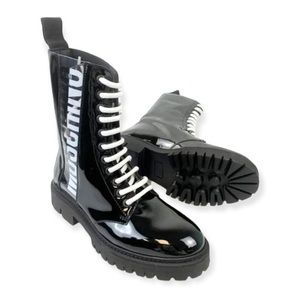 Moschino Patent Logo Combat Boots in black patent leather lug heel white laces